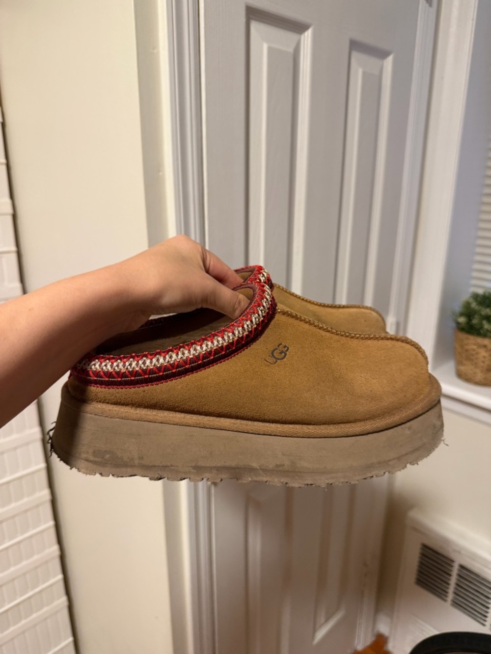 UGG Chestnut Suede Slip-On Clog with Red Knit Trim